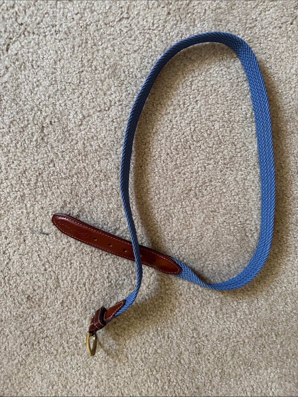 Men's Blue Woven Belt with Brown Leather Trim and Gold Buckle